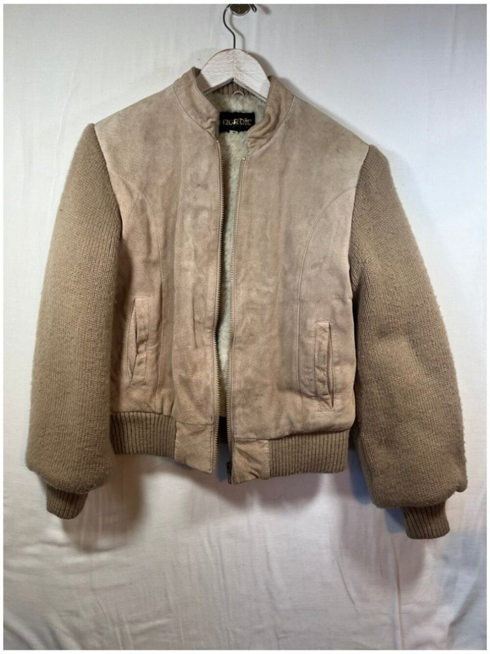 Vintage Noroic Knit Bomber Jacket Tan Pigskin Leather Faux Shearling Lined